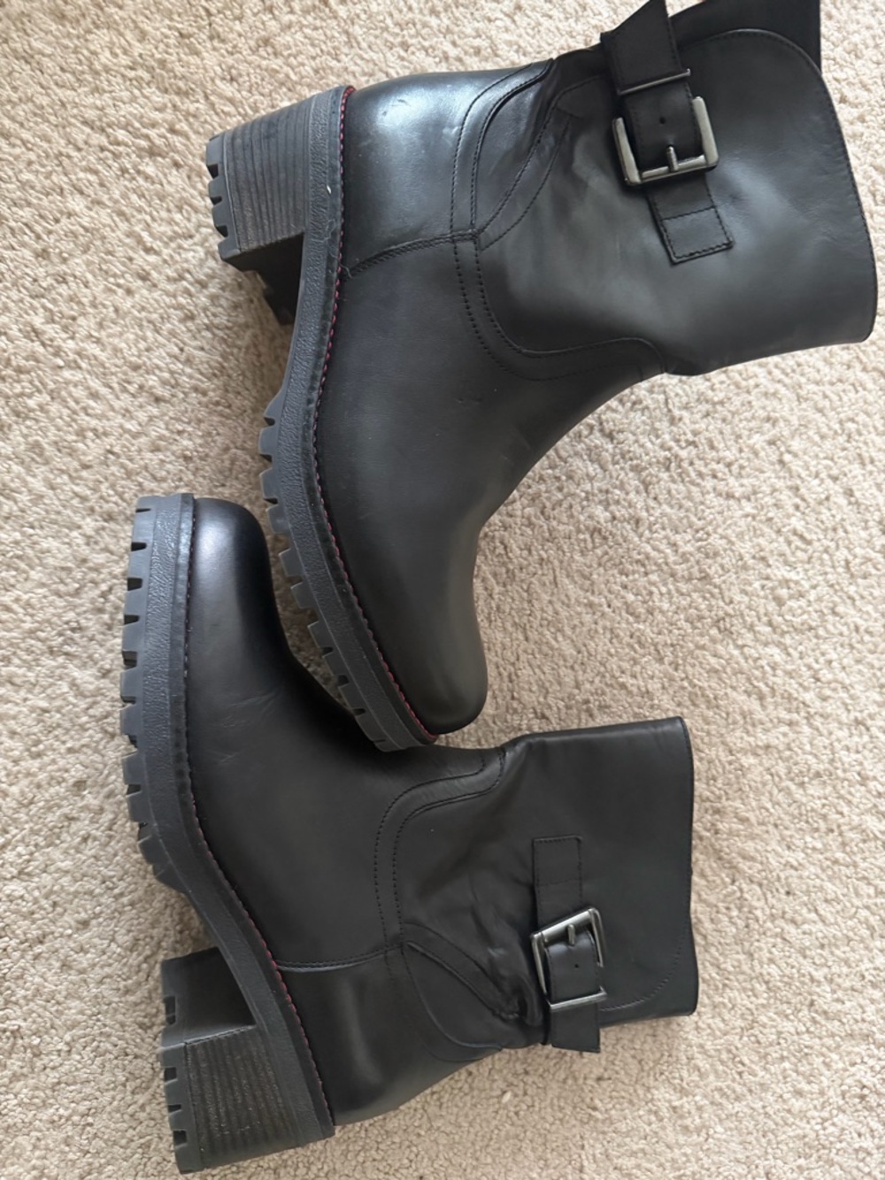 Coach Black Leather Buckle Lug Heel Boots with Red stitching